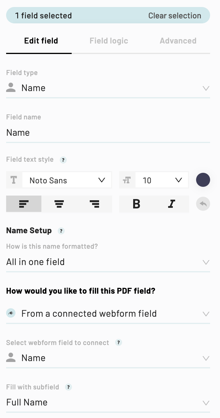 The PDF field editor panel will display Edit field at the top
