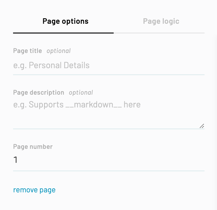 The page options tab is to the left of the page logic tab