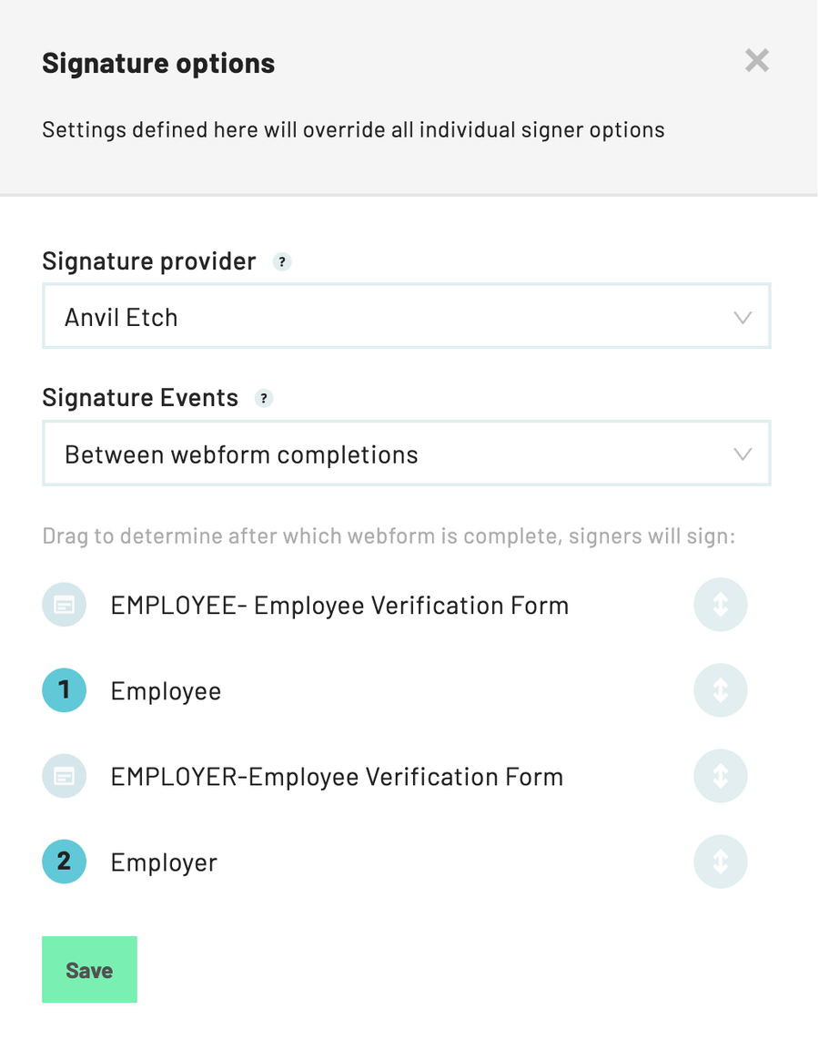 The move icons are found to the immediate right of each signer and Webform option