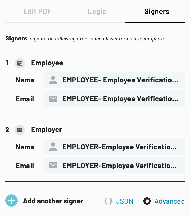 The advanced signers settings are found at the bottom right of the Signers tab