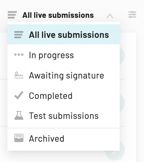 Clicking on All live submissions will reveal a dropdown menu to filter submisssisons. Test Submissions is the fifth option.