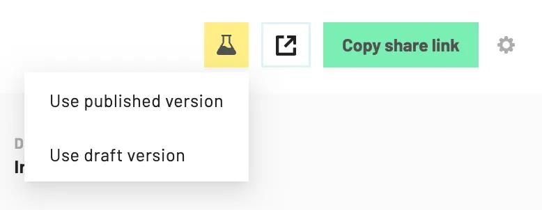 clicking on the test submission button opens a dropdown menu containing two options. Use published version is the first option, followd by use draft version.