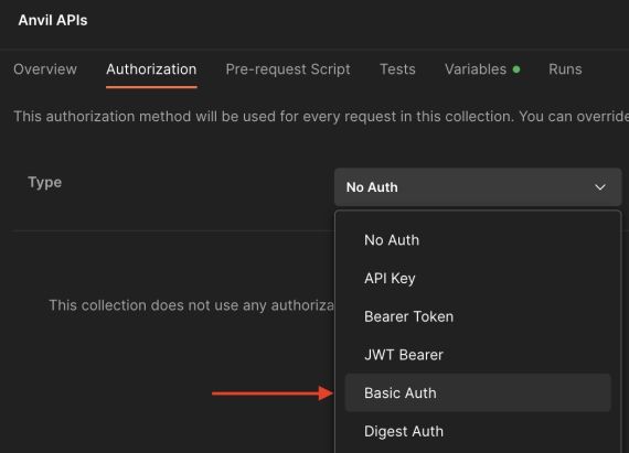 Choose Basic Auth as your authorization method