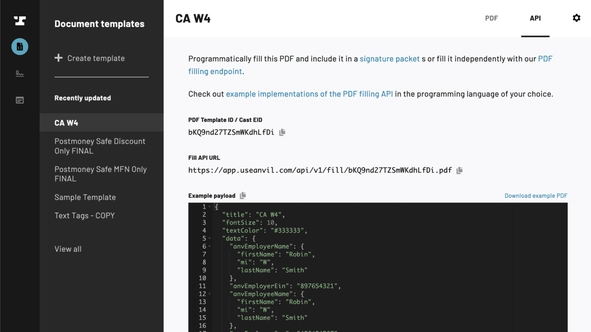 Viewing PDF Template API Info