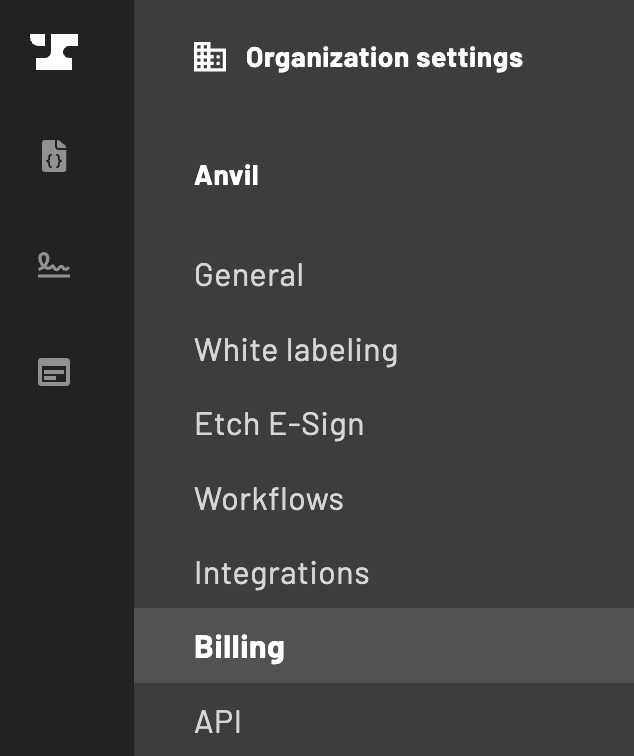 The billing tab is found between the integrations and API tabs