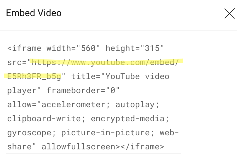 An example of a Youtube embed URL is shown with the 'src' attribute highlighted in yellow