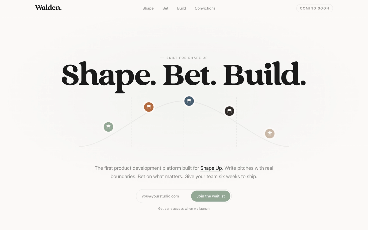 Walden homepage, featuring a hill chart and company slogan, "Shape. Bet. Build."