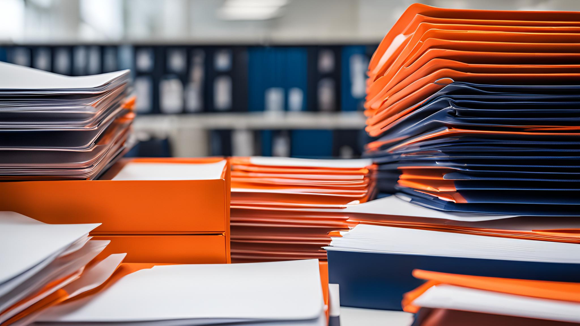 Stacks of orange, blue, and white folders and documents on a desk.