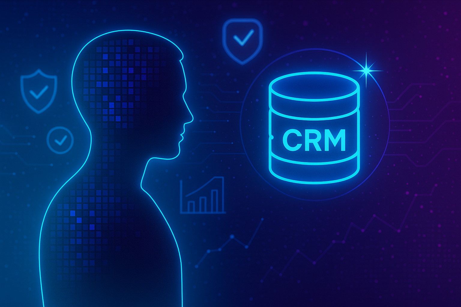 Illustration of a CRM database, check marks, and a customer profile silhouette.