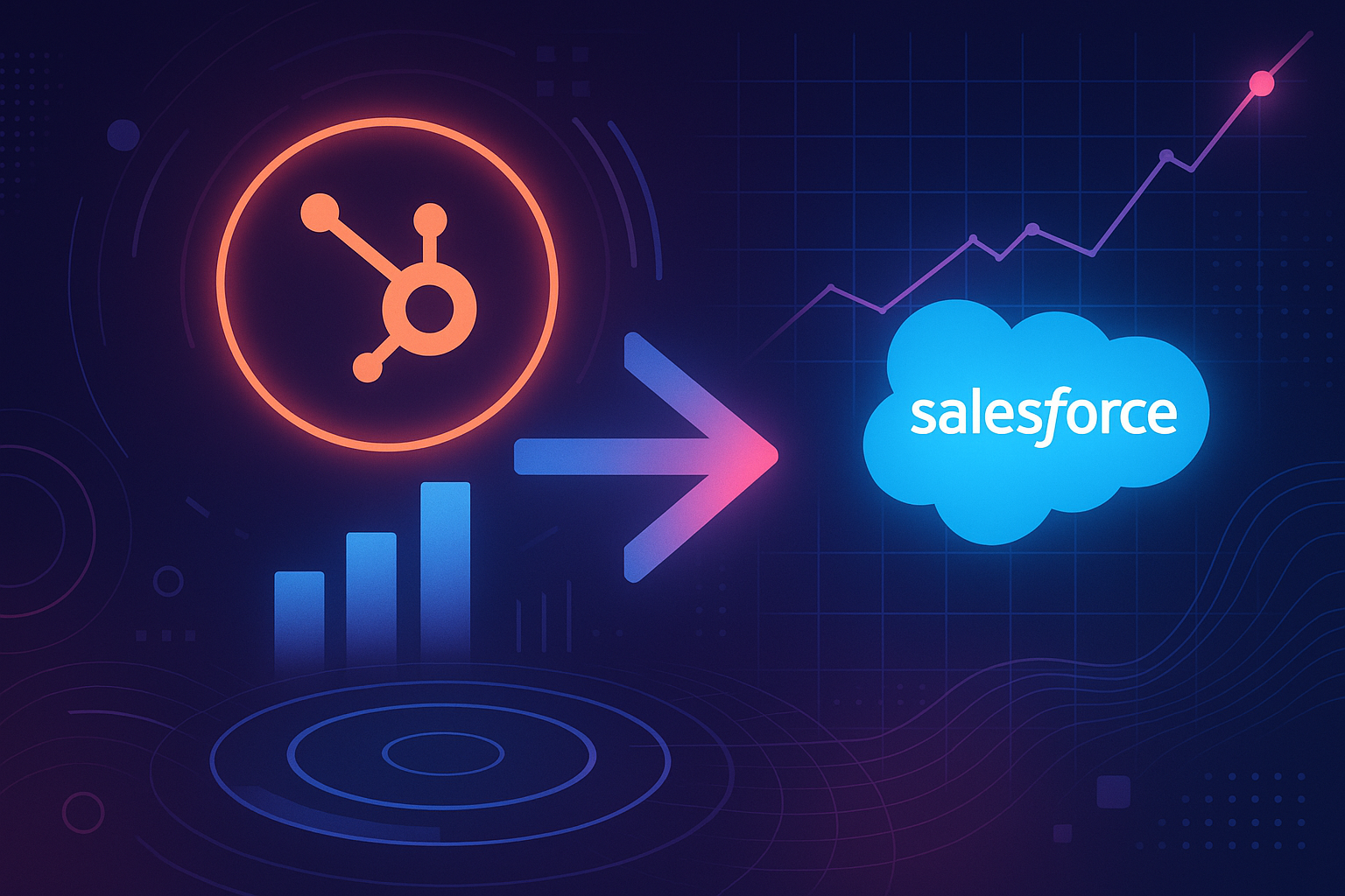 Illustration of HubSpot and Salesforce logos with an arrow between them and analytics charts.