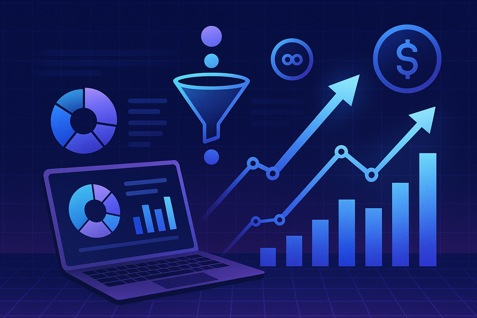 Illustration of a laptop dashboard, a funnel, charts, and rising revenue lines.