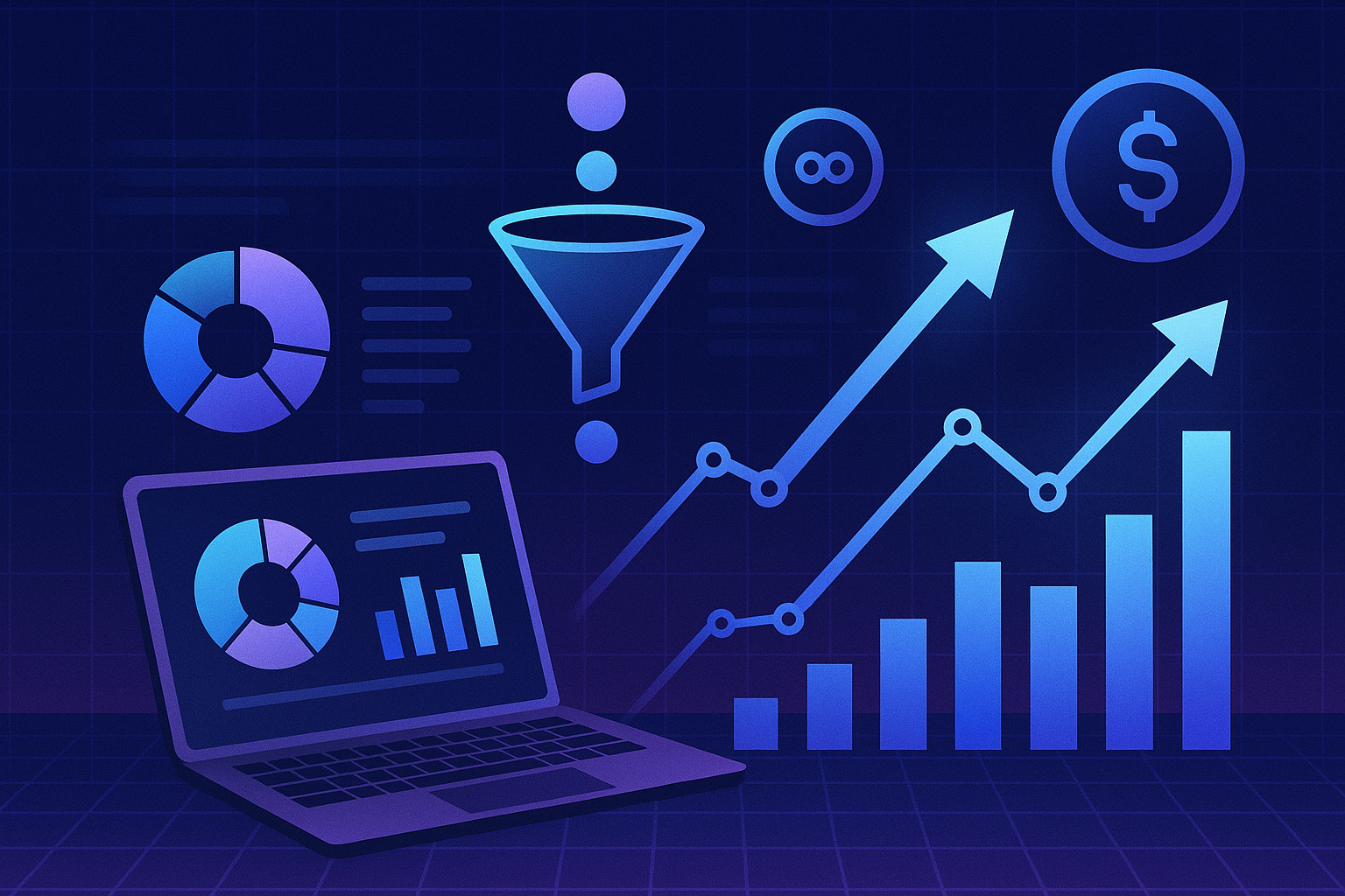 Illustration of a laptop dashboard, a funnel, charts, and rising revenue lines.