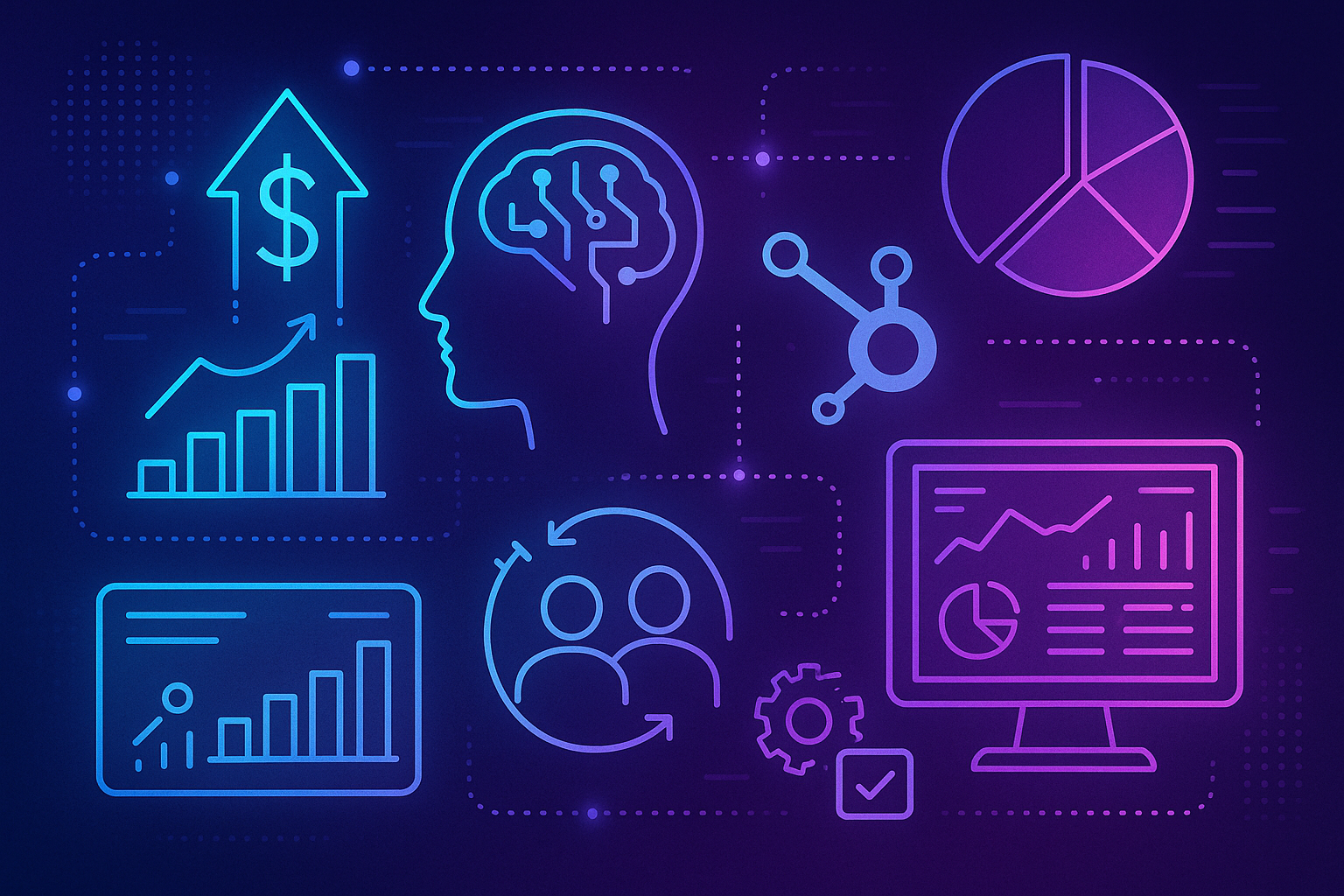 Illustration of sales charts, a team, automation gears, and an upward revenue arrow.