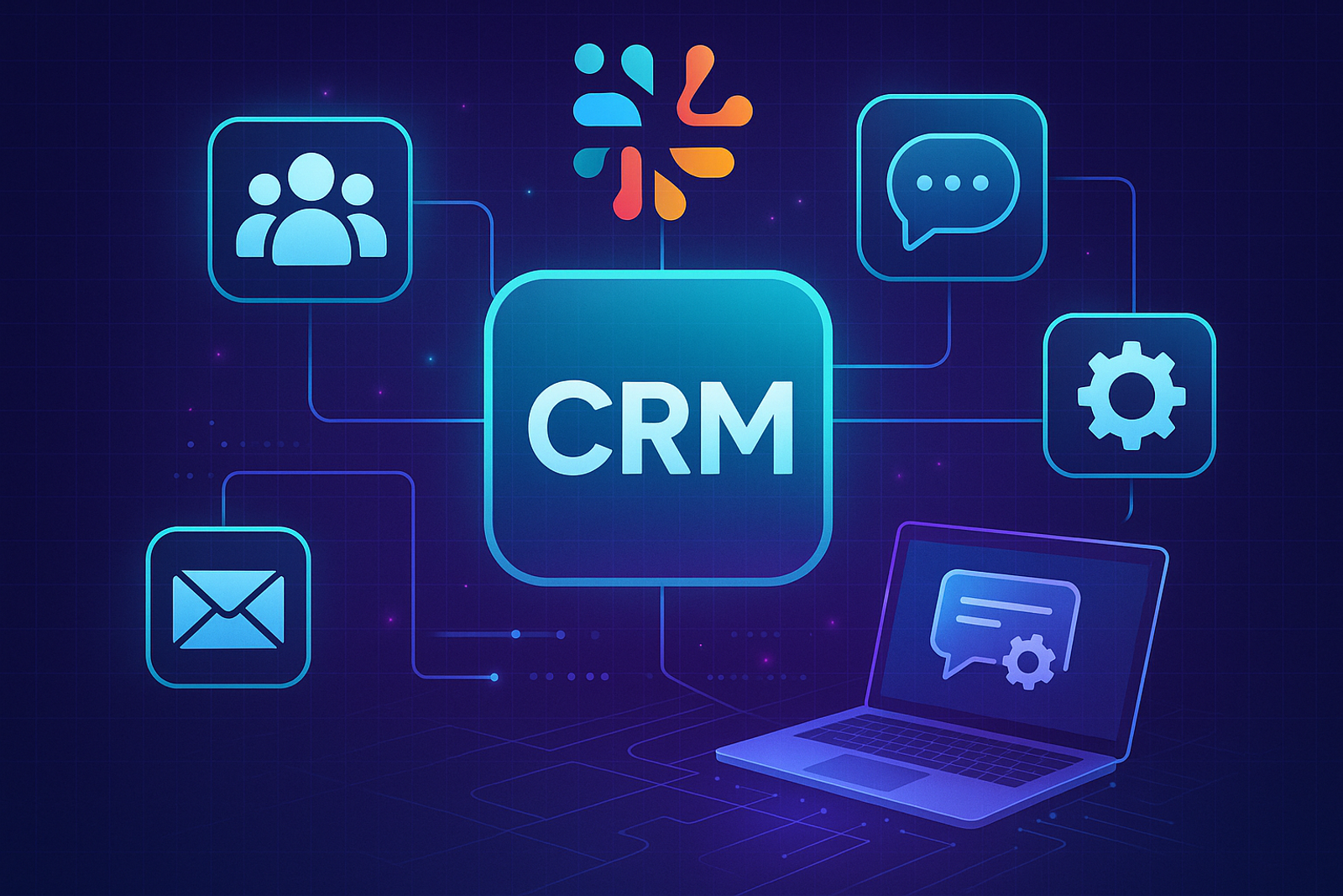 Illustration of a CRM connected to team, chat, email, and support tool icons.