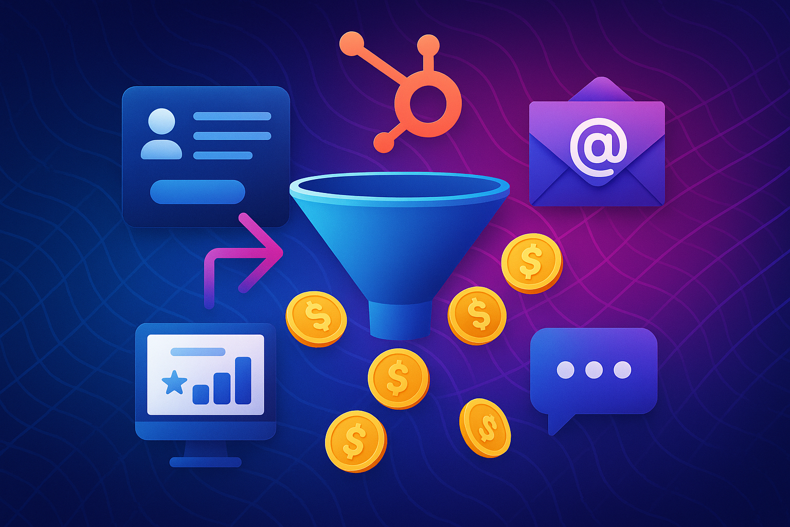 Illustration of a funnel connecting profile, email, and chat icons with revenue coins.