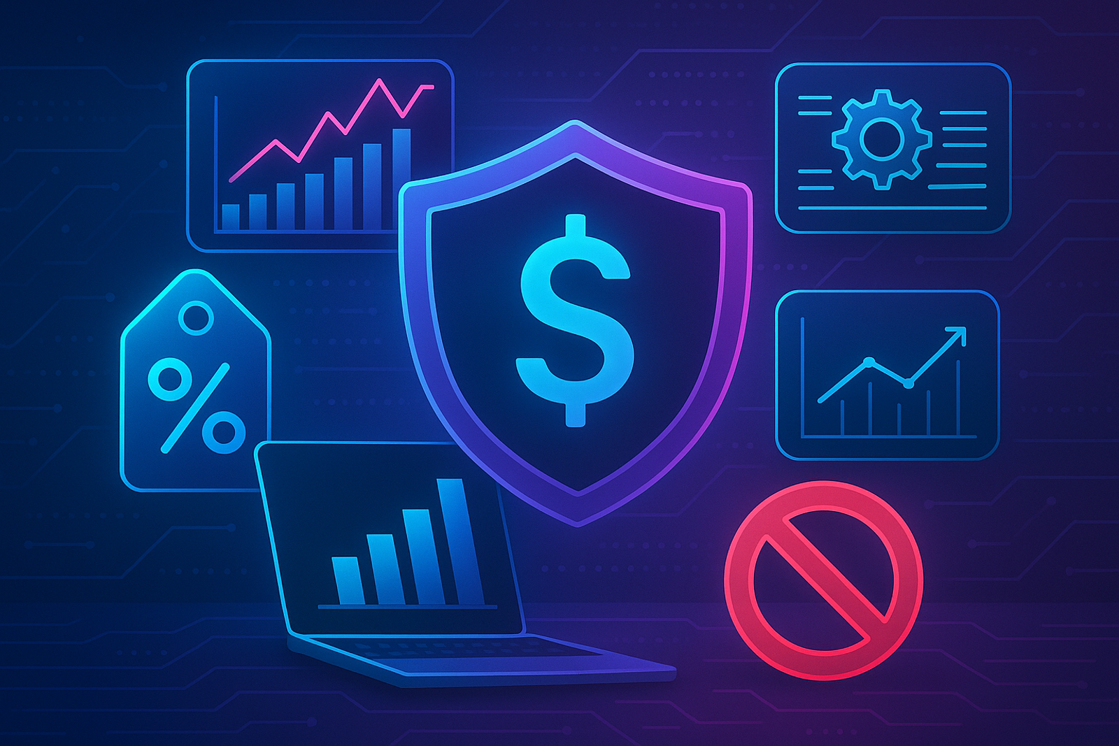 Illustration of a shield with a dollar sign, a percentage tag, charts, and a no-entry symbol.