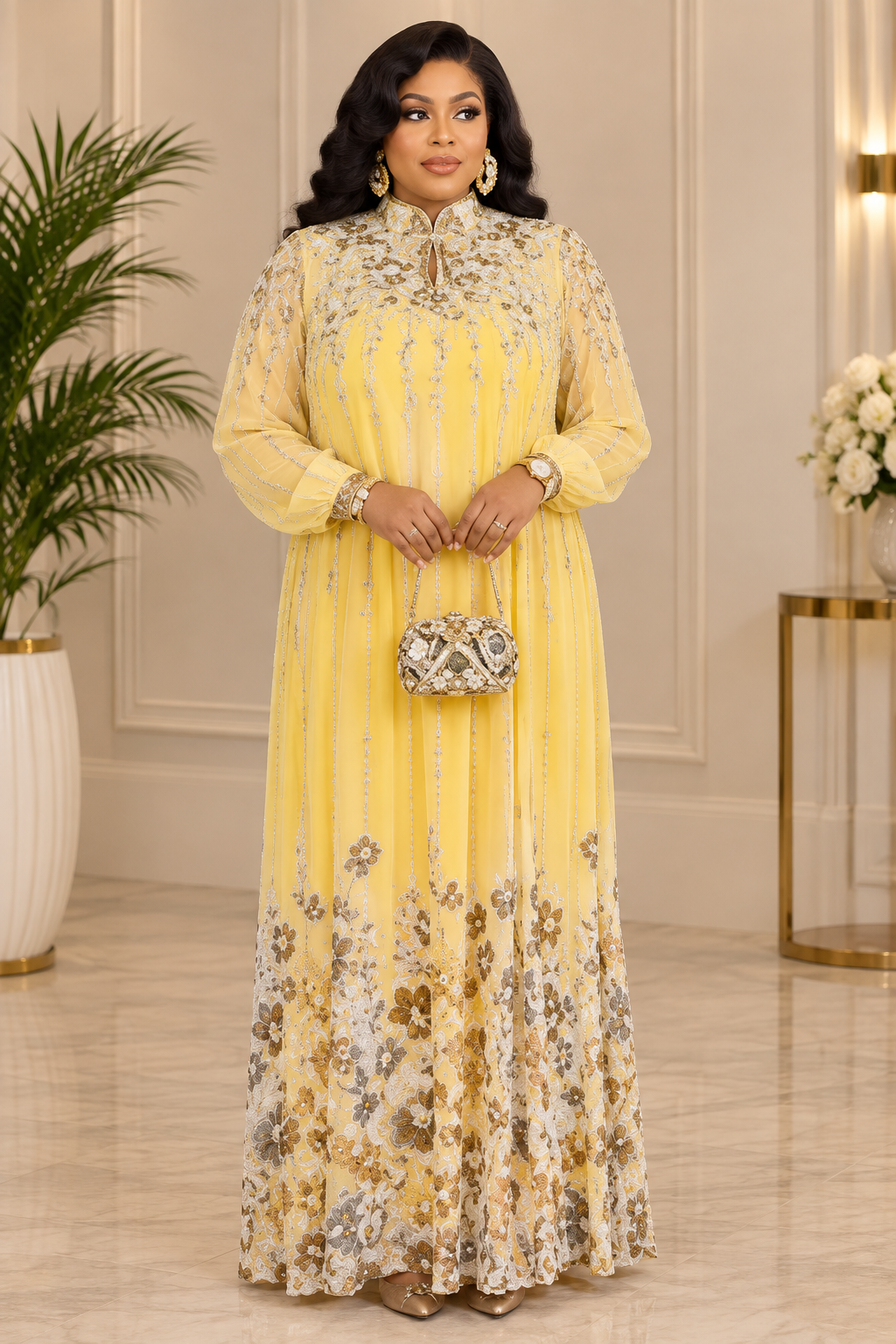 Embroidered Golden Yellow Floral Maxi Dress