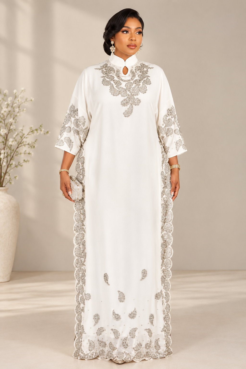 Embroidered White/Navy Paisley Kaftan Maxi Dress