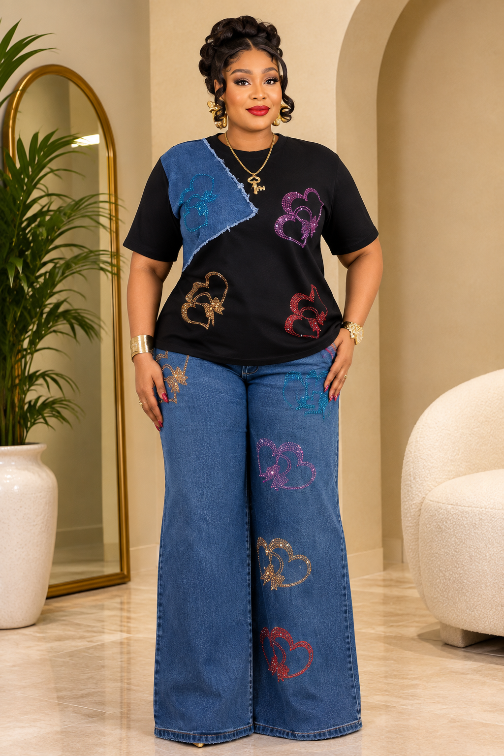 Midnight Heart Embellished Denim Set