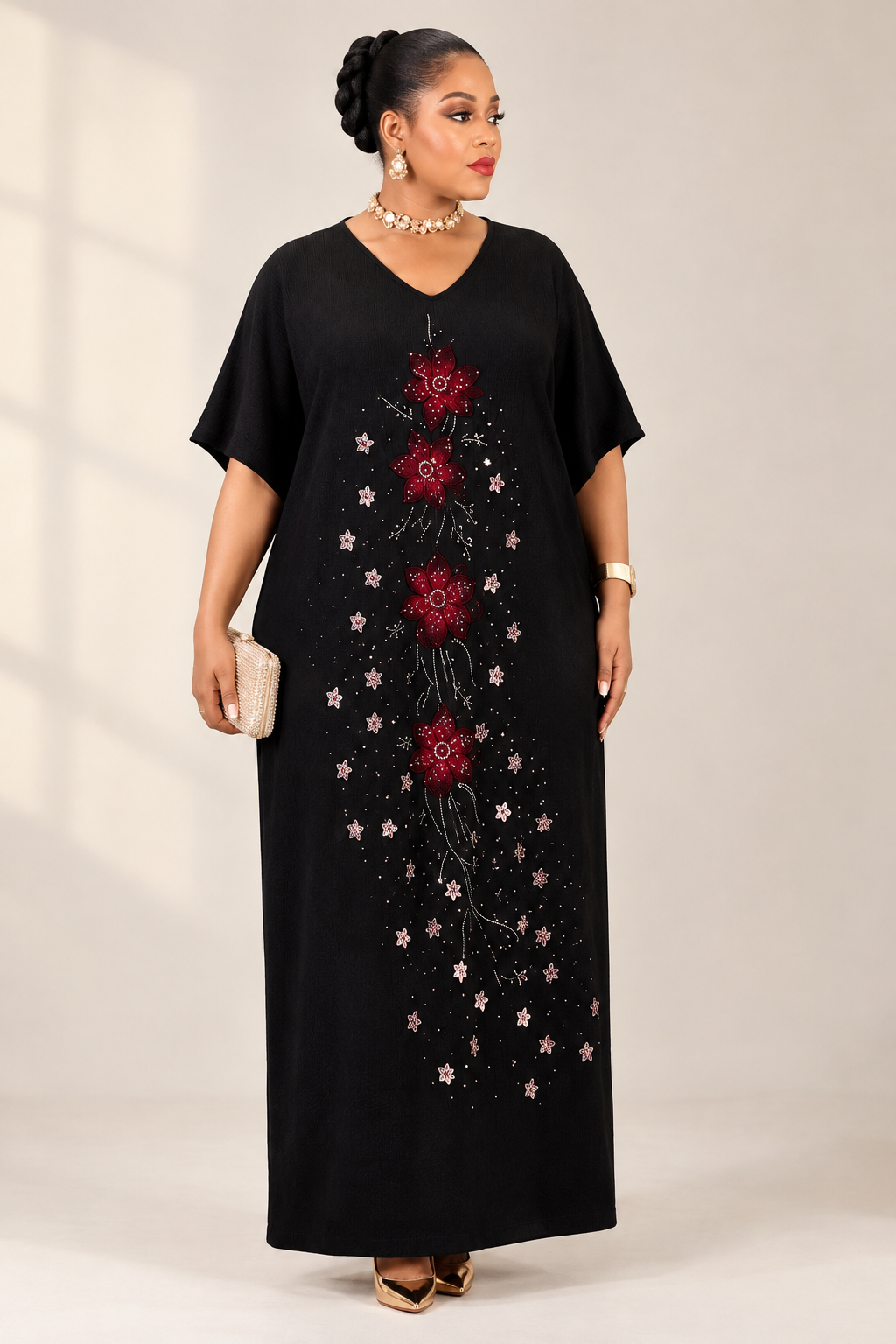 Embellished Crimson Floral Kaftan Maxi Dress