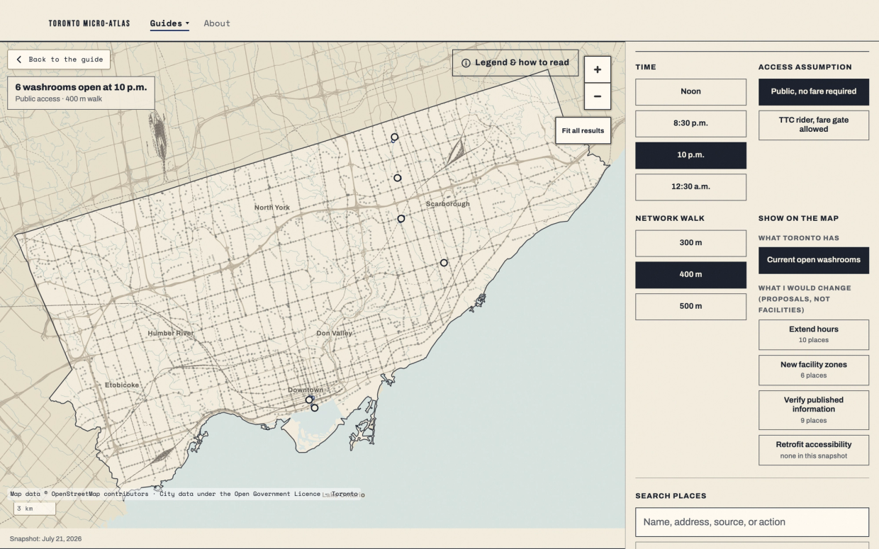 Toronto at 10 p.m. with six open public washroom facility records marked across the city and the public-access, 400 metre walking assumptions visible.