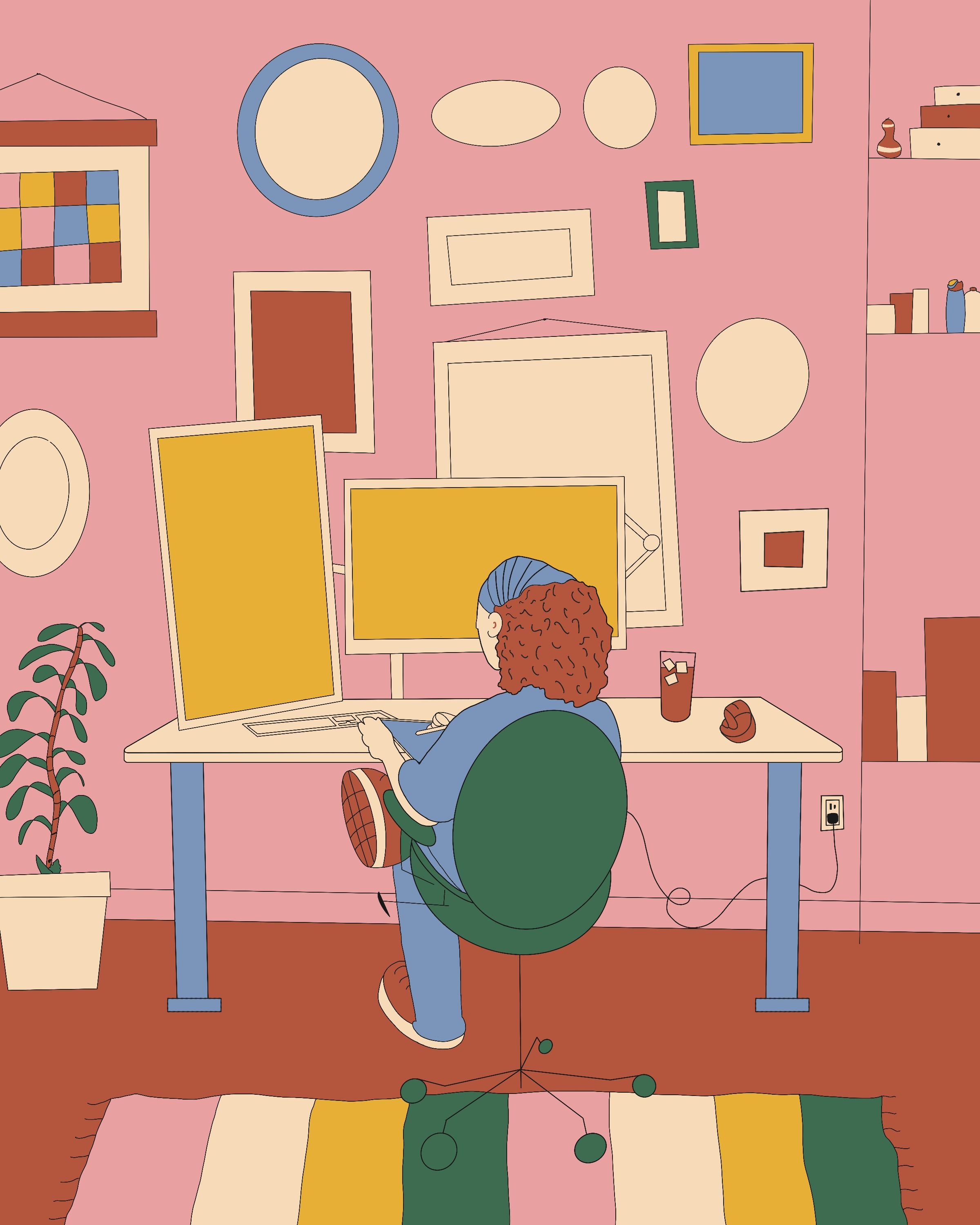 An illustration of someone with curly red hair working at a desk with two yellow screens, in a pink room hung with empty frames.