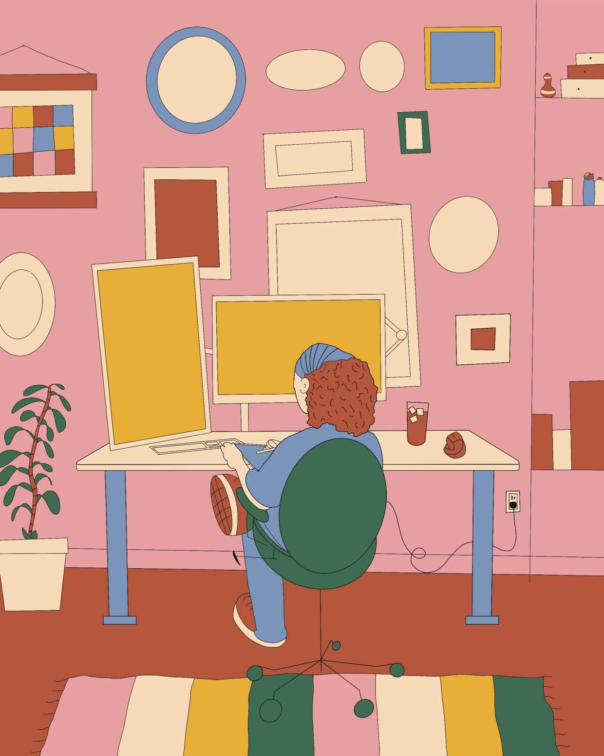 An illustration of someone with curly red hair working at a desk with two yellow screens, in a pink room hung with empty frames.