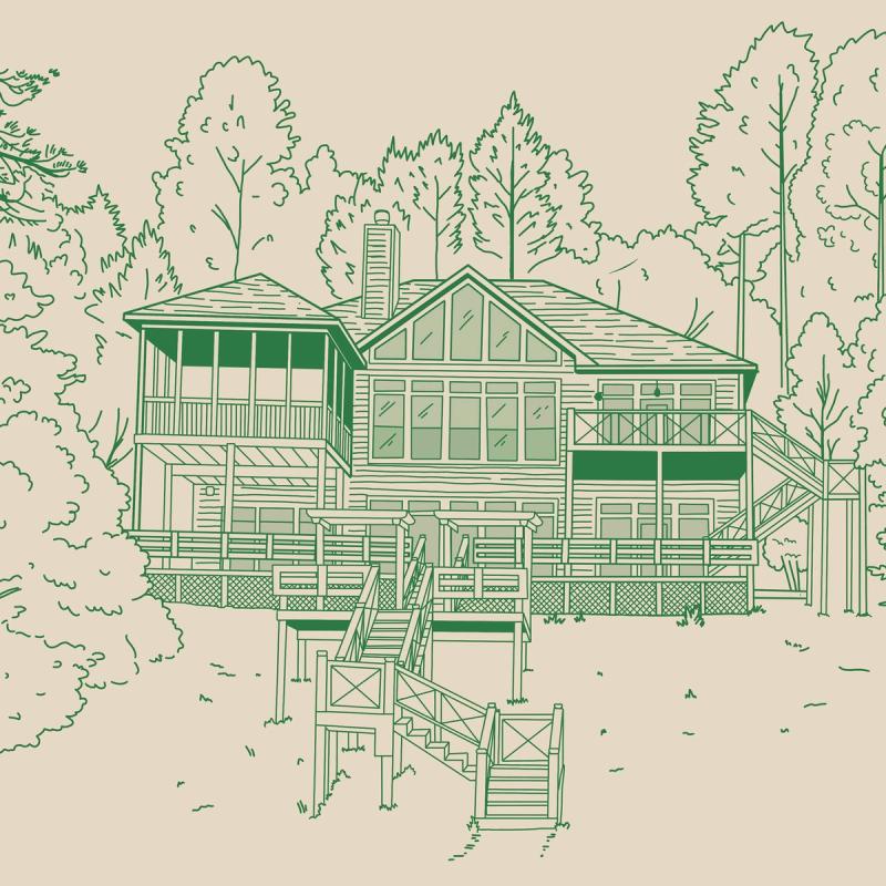 A green line illustration of a lake house with a screened porch and wooden stairs, among tall trees.
