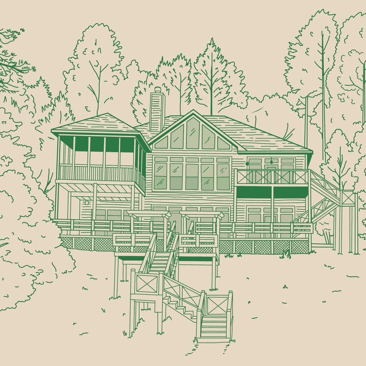 A green line illustration of a lake house with a screened porch and wooden stairs, among tall trees.
