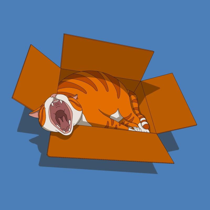 An illustration of an orange tabby cat yawning wide, curled up in an open cardboard box, on a blue background.