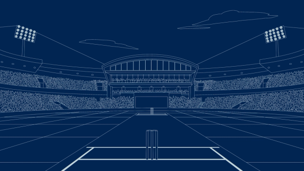 The same stadium as a white line illustration on deep blue, like a blueprint.
