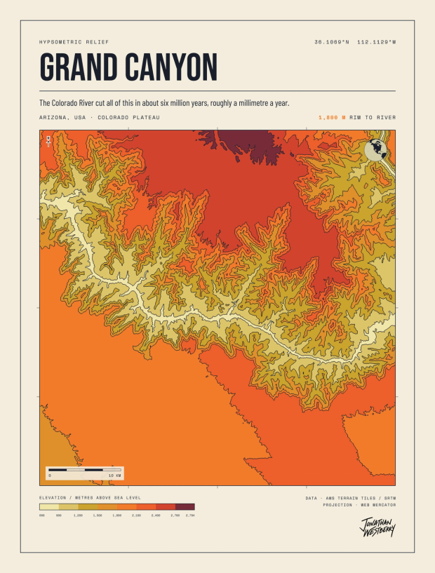 The Grand Canyon plate: a branching canyon network in pale contour bands against a solid red plateau, with title, locator globe, and elevation legend.