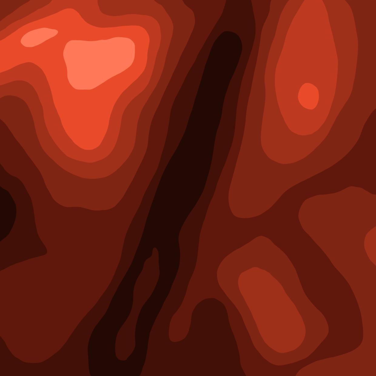 An abstract illustration of layered shapes in reds and oranges, like a contour map of hills around a dark valley.