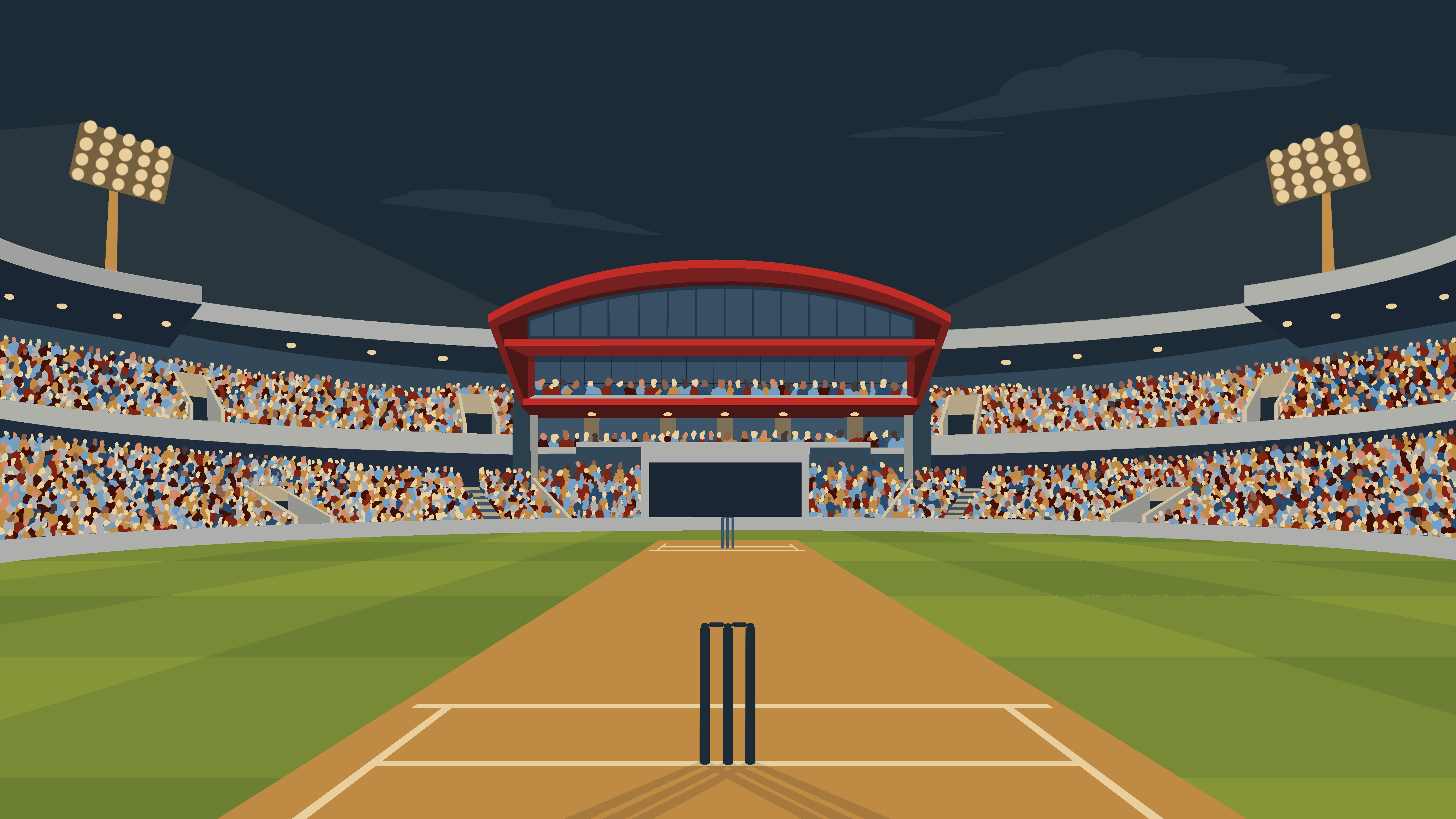 A flat-colour illustration of a packed cricket stadium at night, seen from behind the stumps, with floodlights, a red-roofed pavilion and a sandy pitch running down the middle.