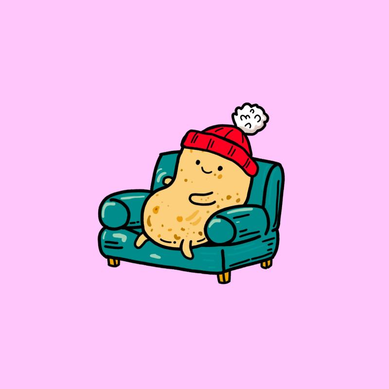 A cartoon illustration of a smiling potato in a red bobble hat, sitting in a teal armchair on a pink background.