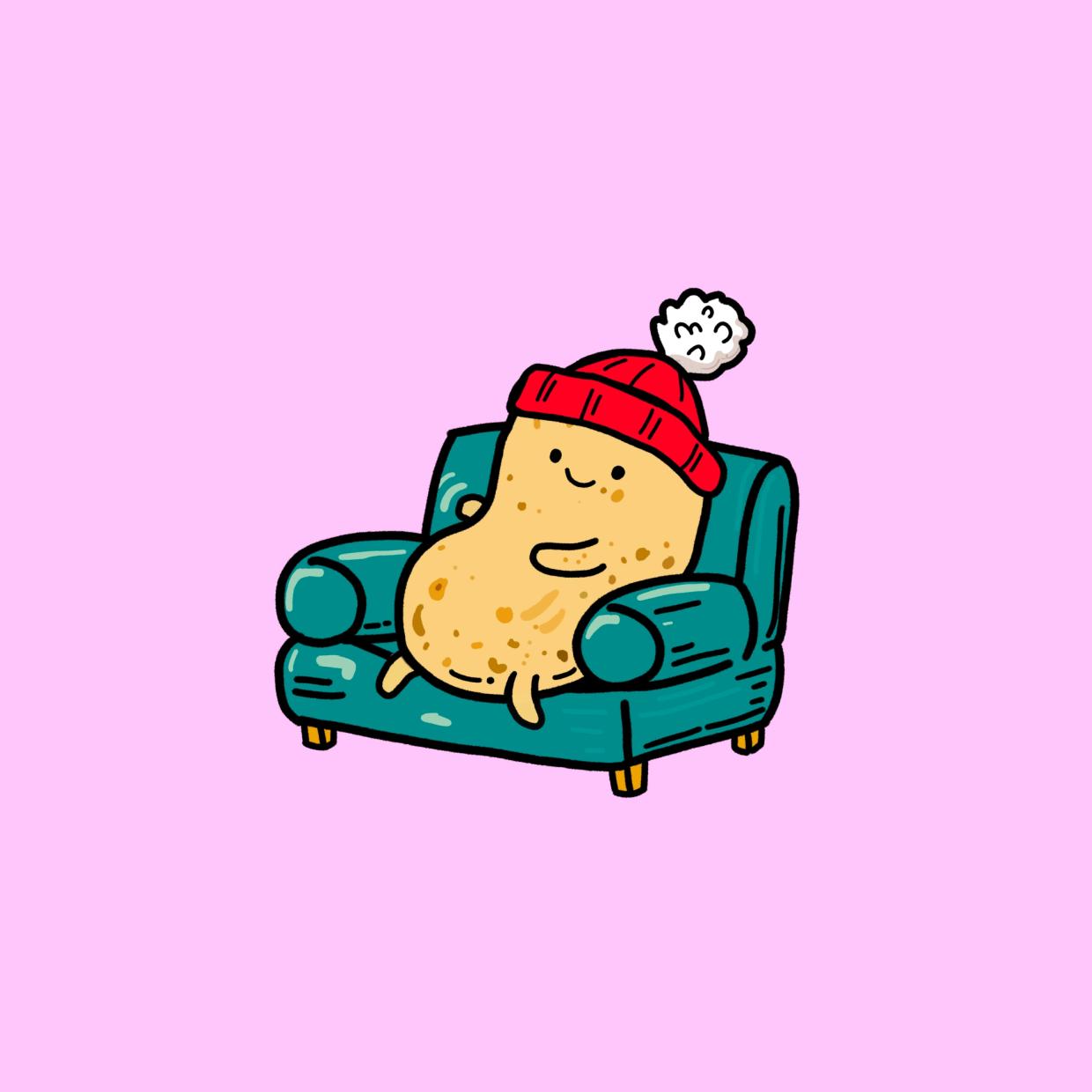 A cartoon illustration of a smiling potato in a red bobble hat, sitting in a teal armchair on a pink background.