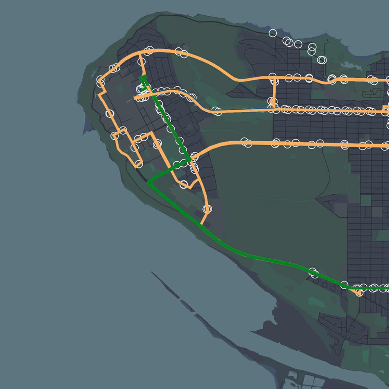 The UBC peninsula with transit routes converging on campus, drawn as coloured lines