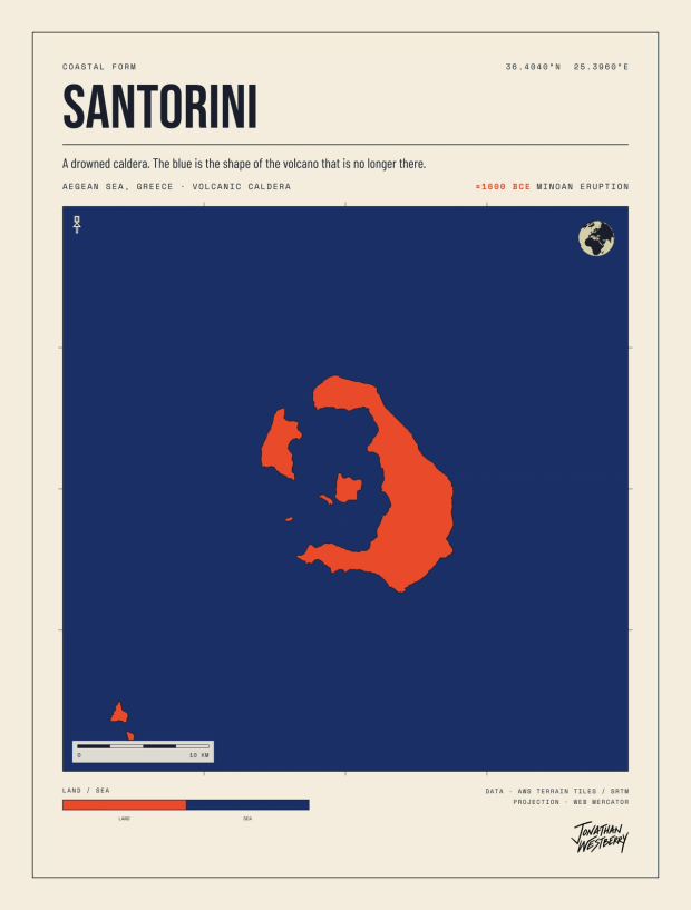 The Santorini plate: a solid orange island outline on navy sea, curved around the drowned caldera at its center.