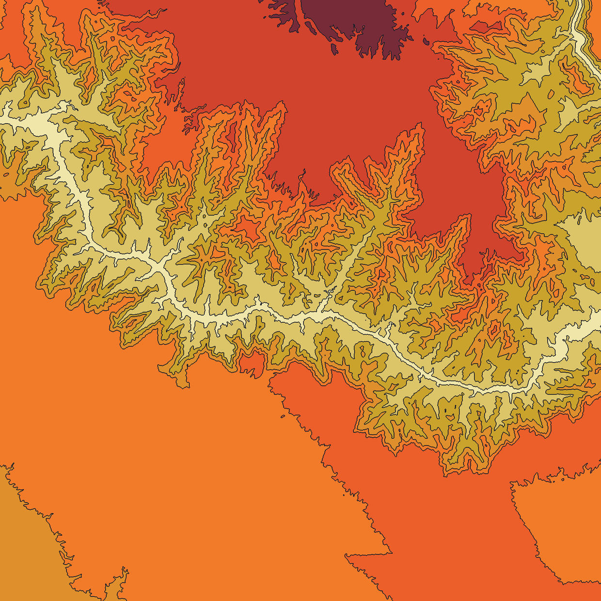 A close crop of the Grand Canyon terrain plate, a branching canyon network in pale bands against a solid red-orange plateau.