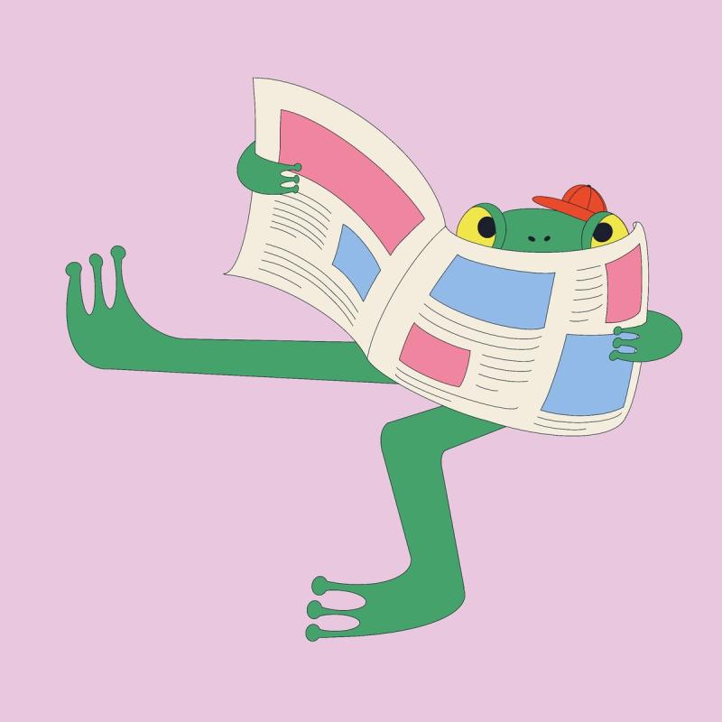 An illustration of a green frog in a red cap kicking one leg out while reading a large newspaper, on a pink background.
