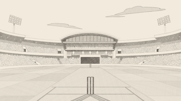 The same stadium as a pencil illustration on cream paper, with cross-hatched stands and clouds.