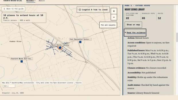 The selected Mount Dennis library extend-hours opportunity, linked to the map with evidence showing its published hours, audit status, and official source.