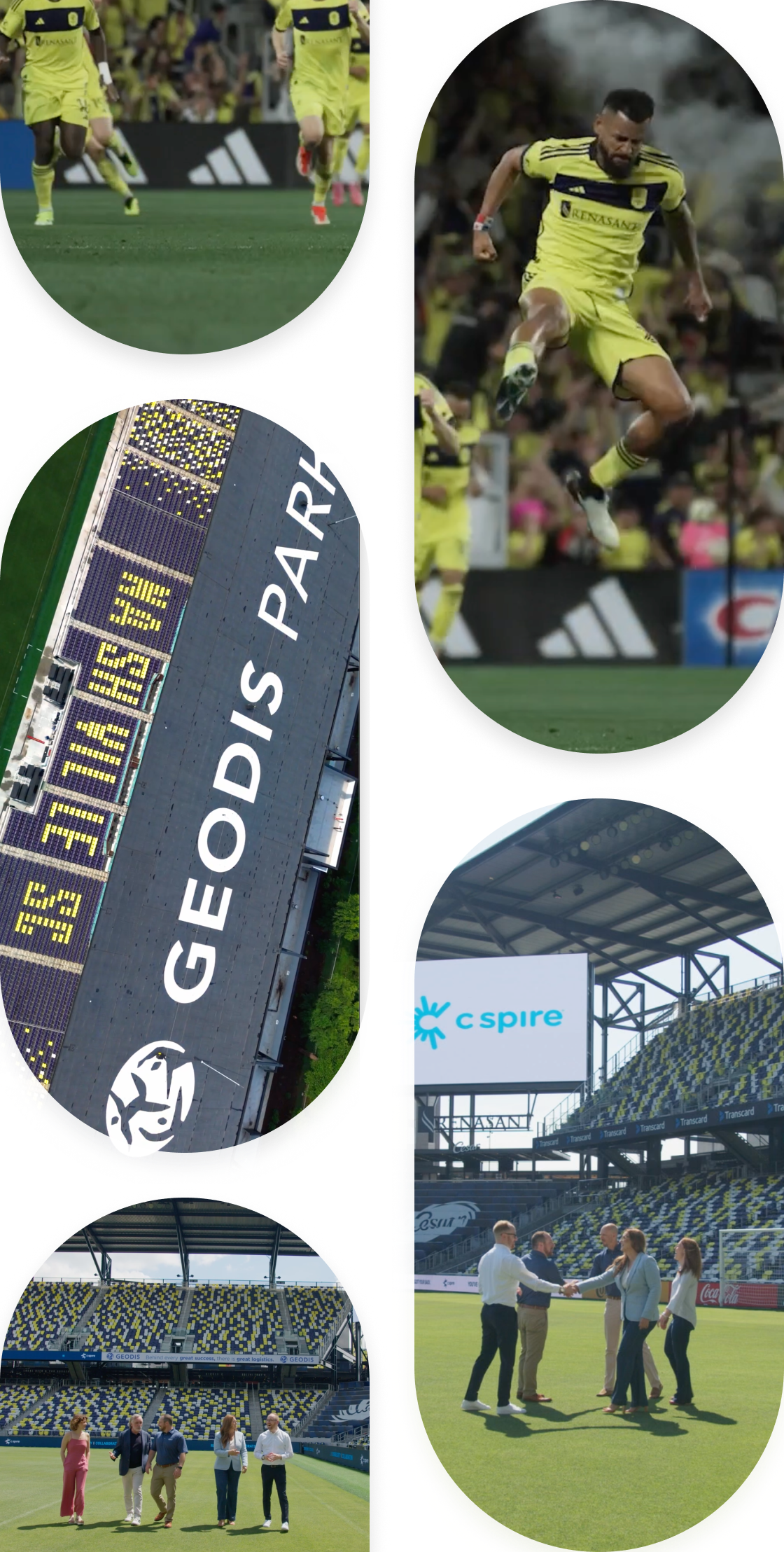 Nashville Soccer Club collage featuring players, GEODIS Park scoreboard, and C Spire team