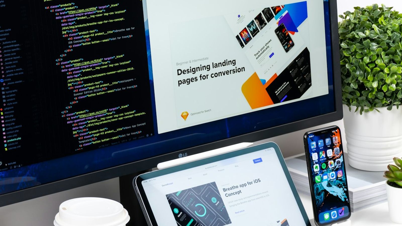 Web developer coding on multiple monitors with website design