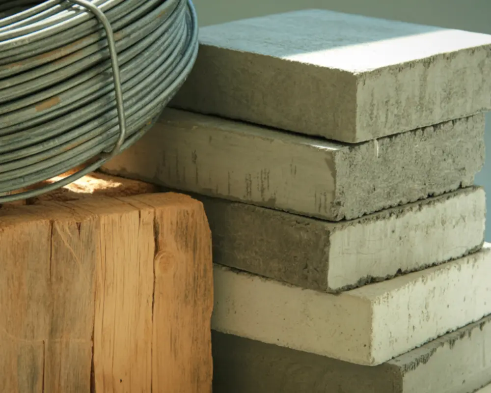 Construction materials and supplies staged on a residential jobsite