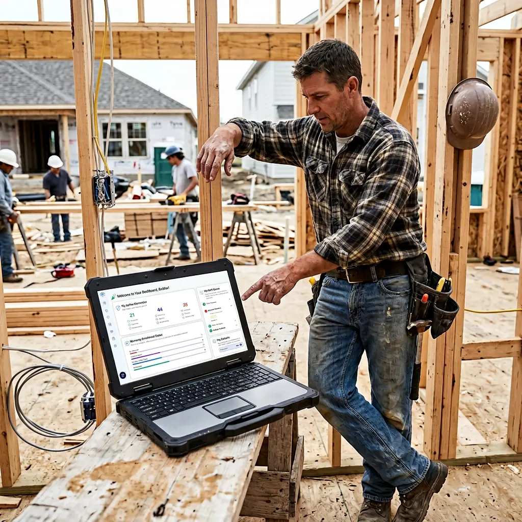 Builder on a job site pointing at a laptop displaying the Maverick builder dashboard