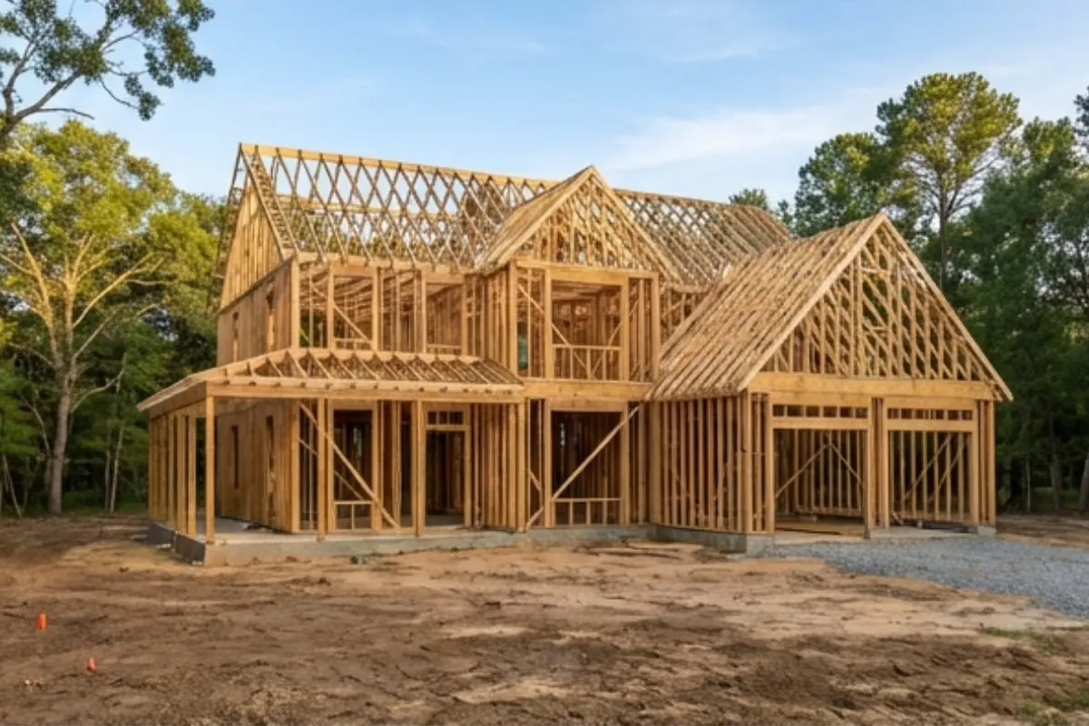 Wood-framed two-story house under construction with roof trusses in place