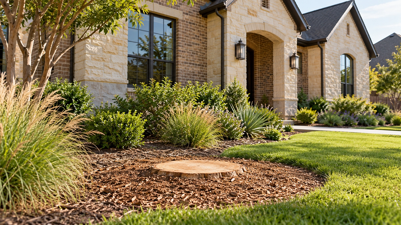 Freshly cut tree stump near a new home’s foundation, with exposed soil and remaining roots.