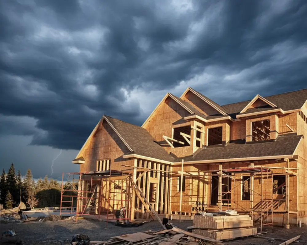 Residential construction site exposed to weather conditions during building process
