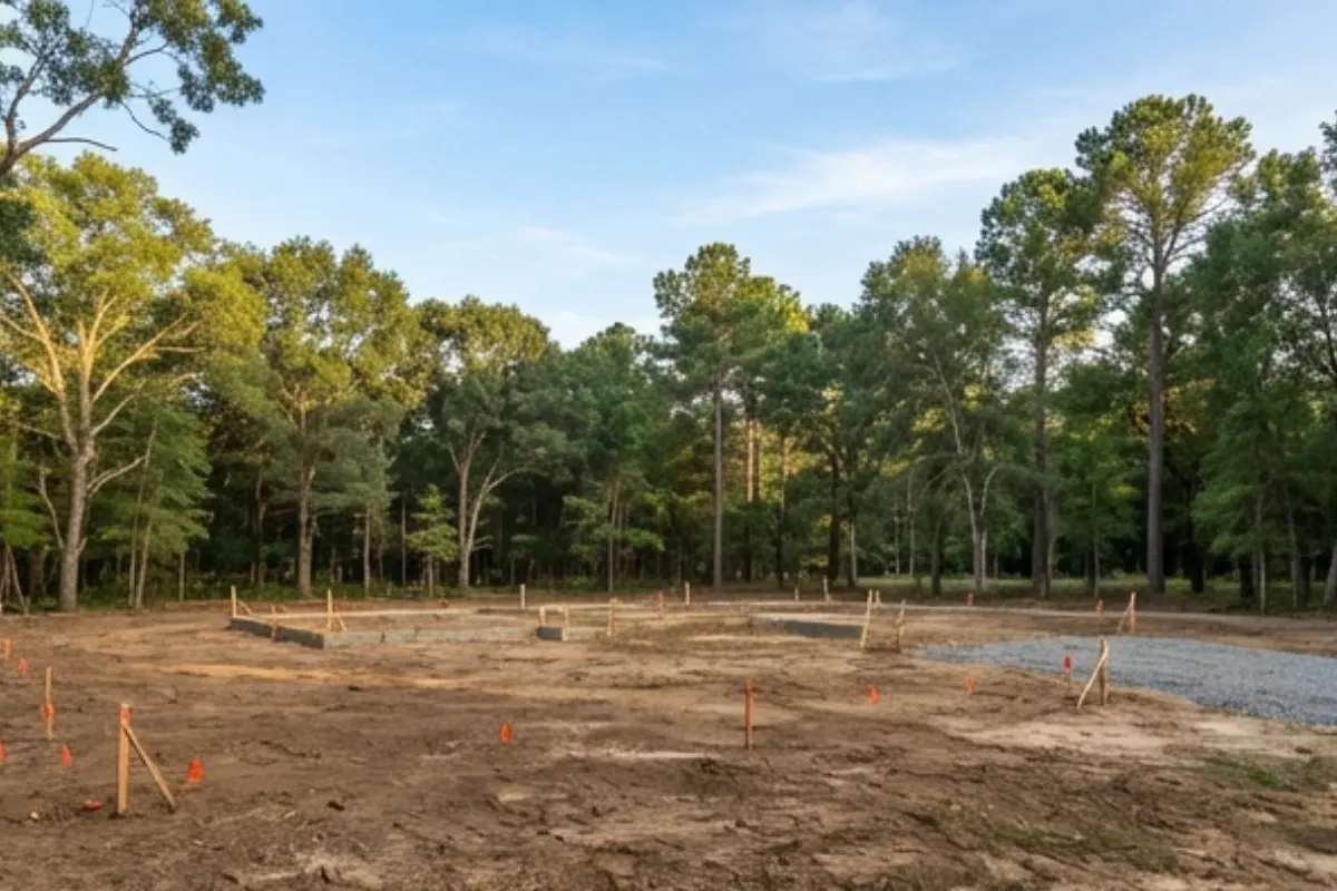 Cleared building lot with foundation layout and gravel base surrounded by trees